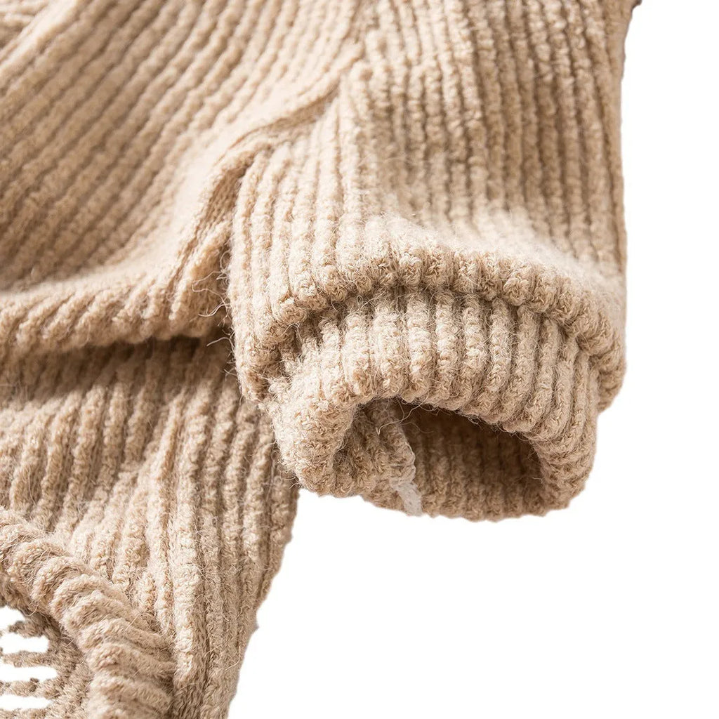 Brown cloth pullover sweater on a small dog, showing casual design.