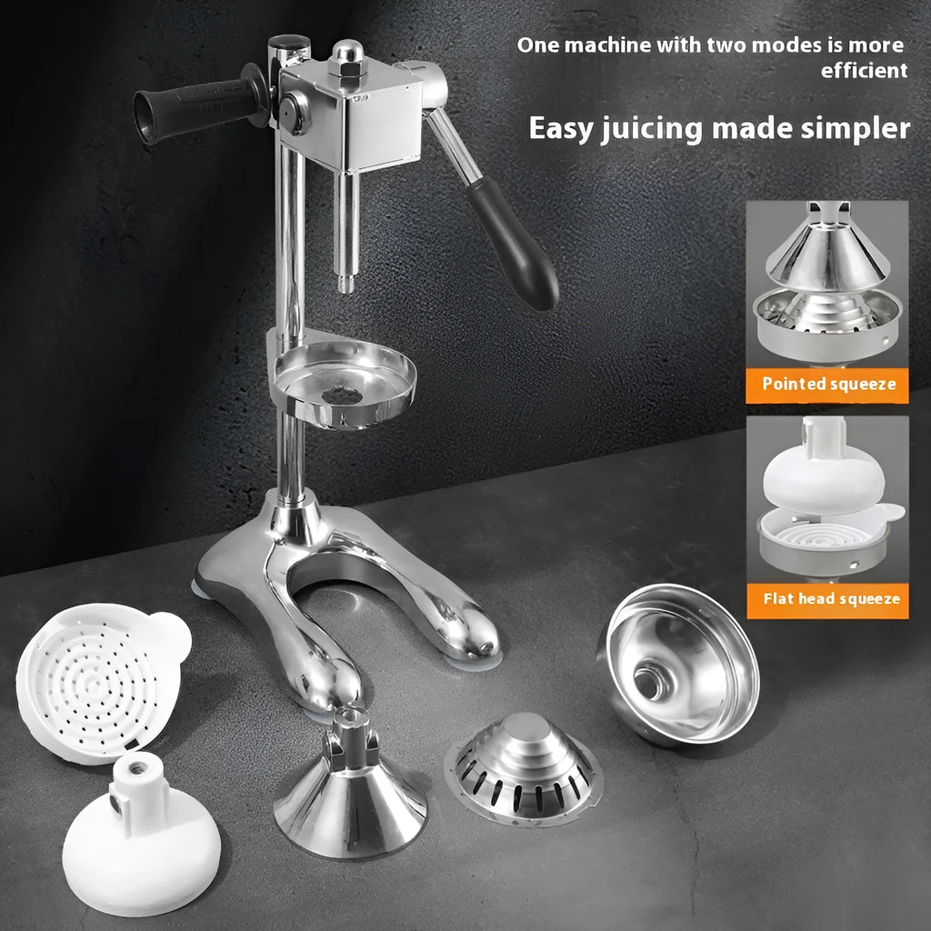Vertical stainless steel manual citrus juicer on a kitchen counter showing different head type options.