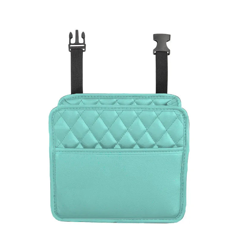 Leather car interior hanging storage bag in black colour showing door pocket mounting