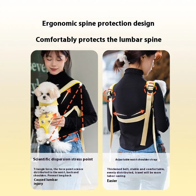 Cartoon animal pattern pet chest bag in soft canvas with decorative ribbon details