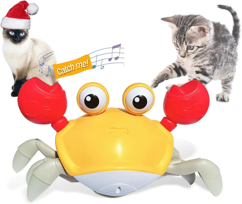 Blue electronic crab dog toy moving on floor with lights illuminated.