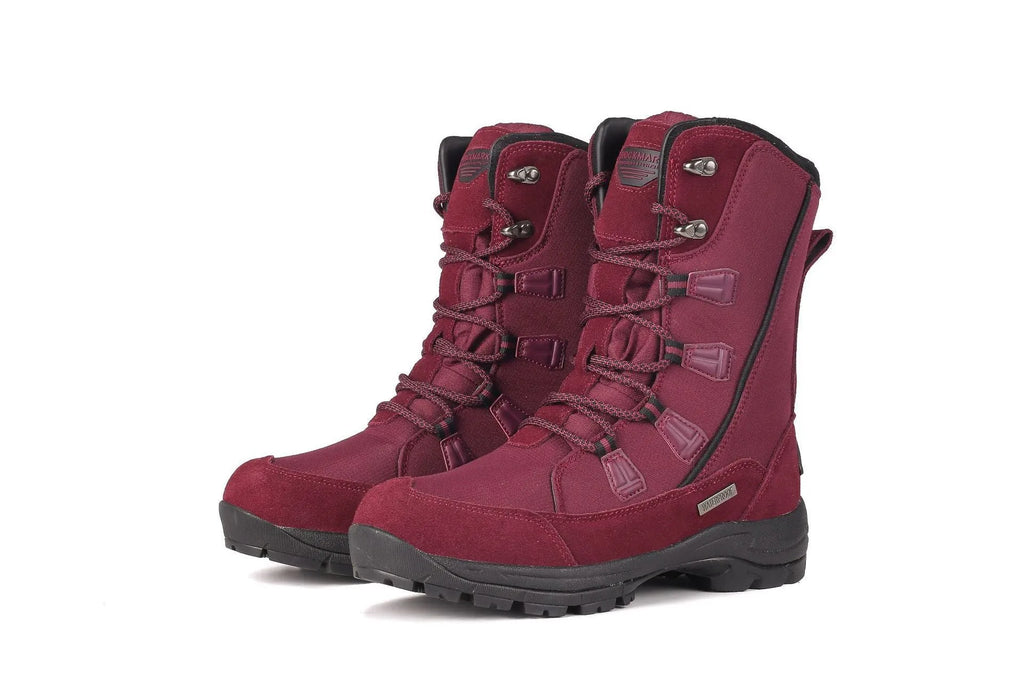 Women's black thermal snow boots with genuine leather uppers and a non-slip rubber sole.