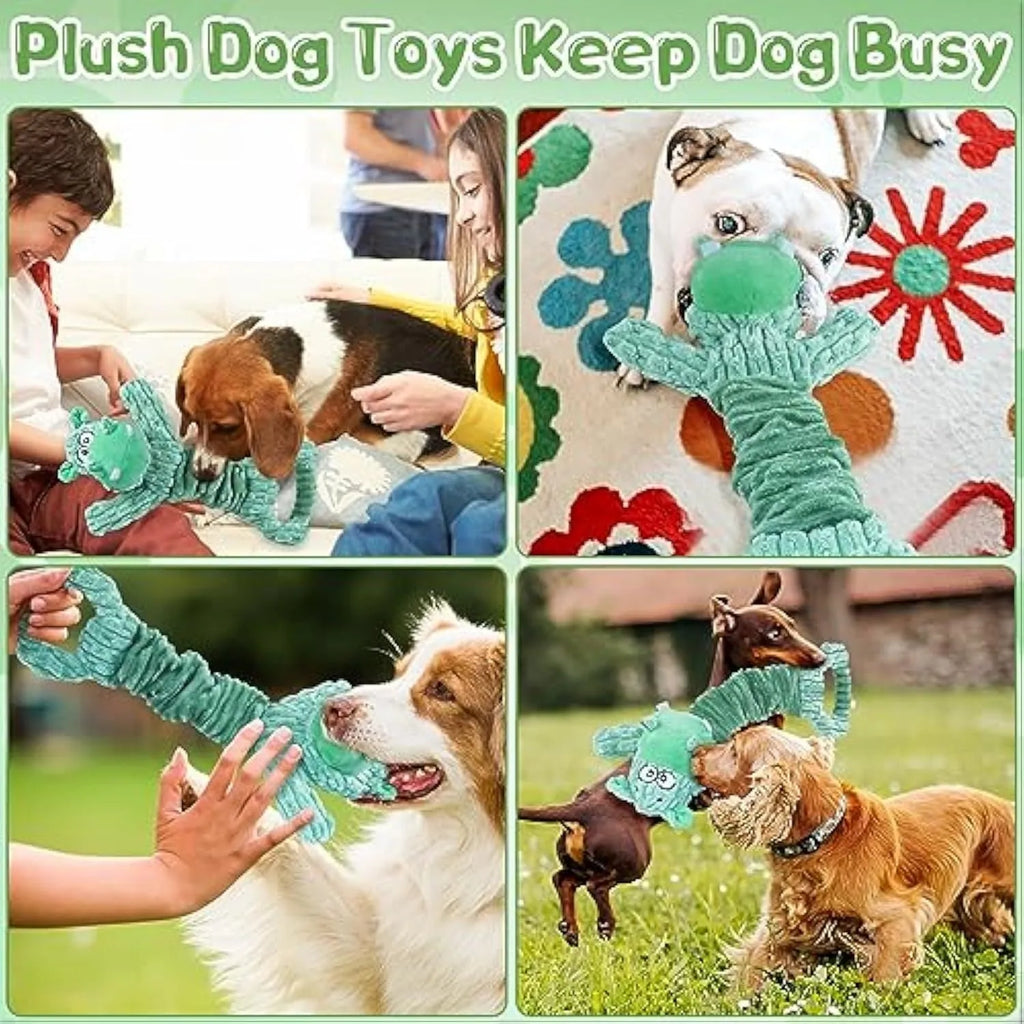 Large plush dog toy with a handle, showing telescopic design, in bright colours for interactive squeaky and crinkle play.