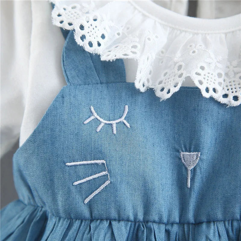 Summer solid blue cotton princess dress for girls with rabbit ears and denim fake two-piece design