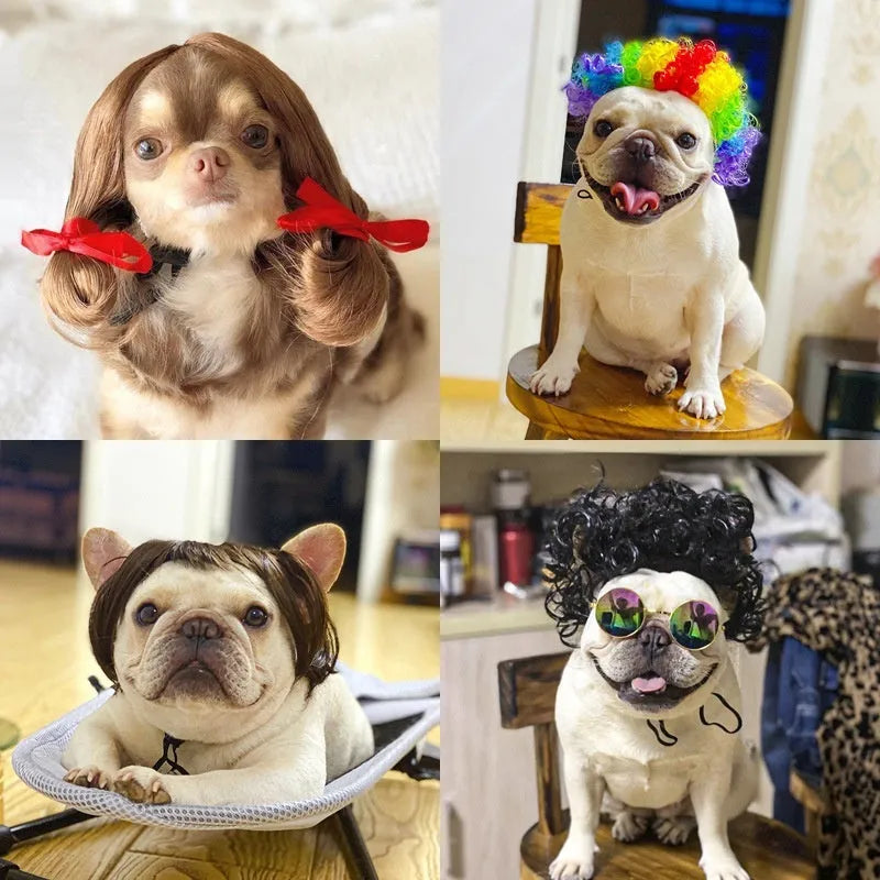 Adjustable pet wig sheath costume accessory on dog mannequin head showing nylon fibre construction