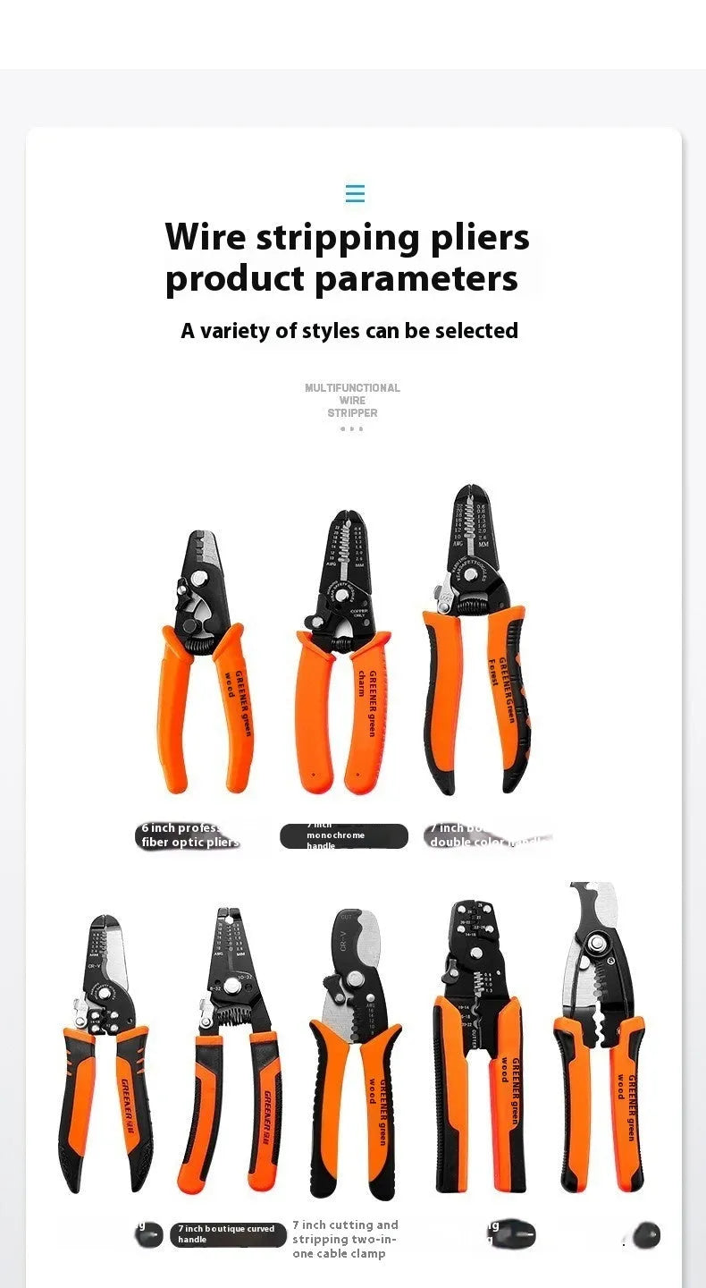 Fully automatic wire stripping pliers tool with high carbon steel blades.