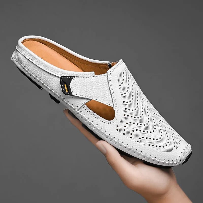Fashion men's closed toe casual breathable sandals in cow split leather, available in multiple colours and sizes