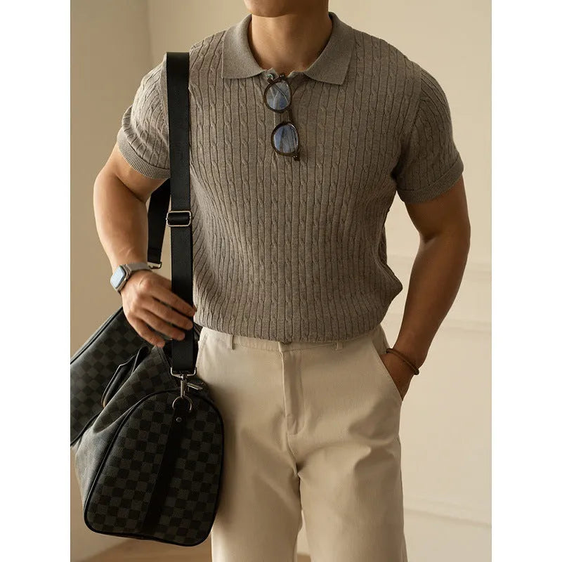 Men's khaki short sleeve business top made from a polyester nylon acrylic wool blend fabric.