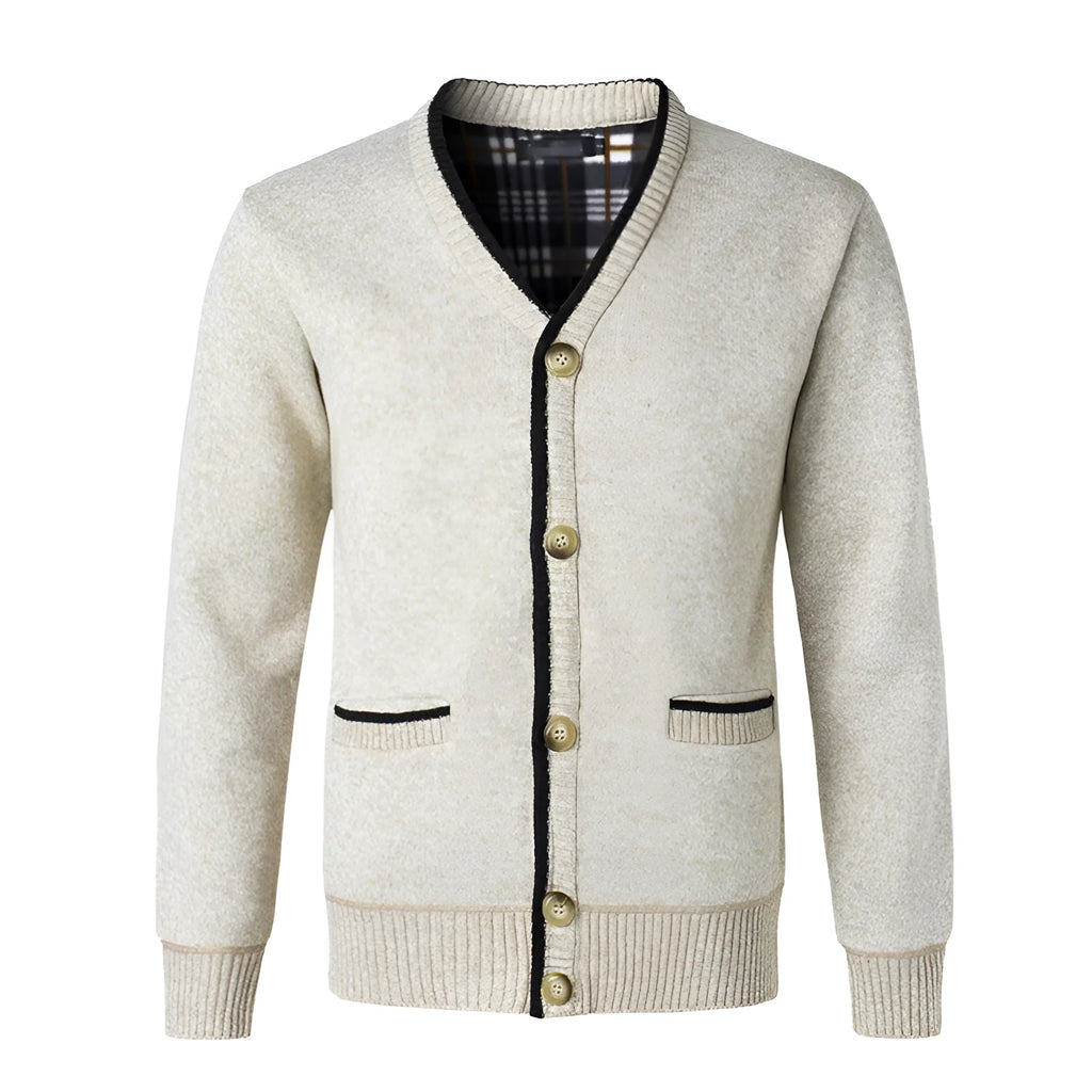 Fleece lined thickened V-neck cardigan in beige, loose fit, cotton knitwear dad coat for large size men