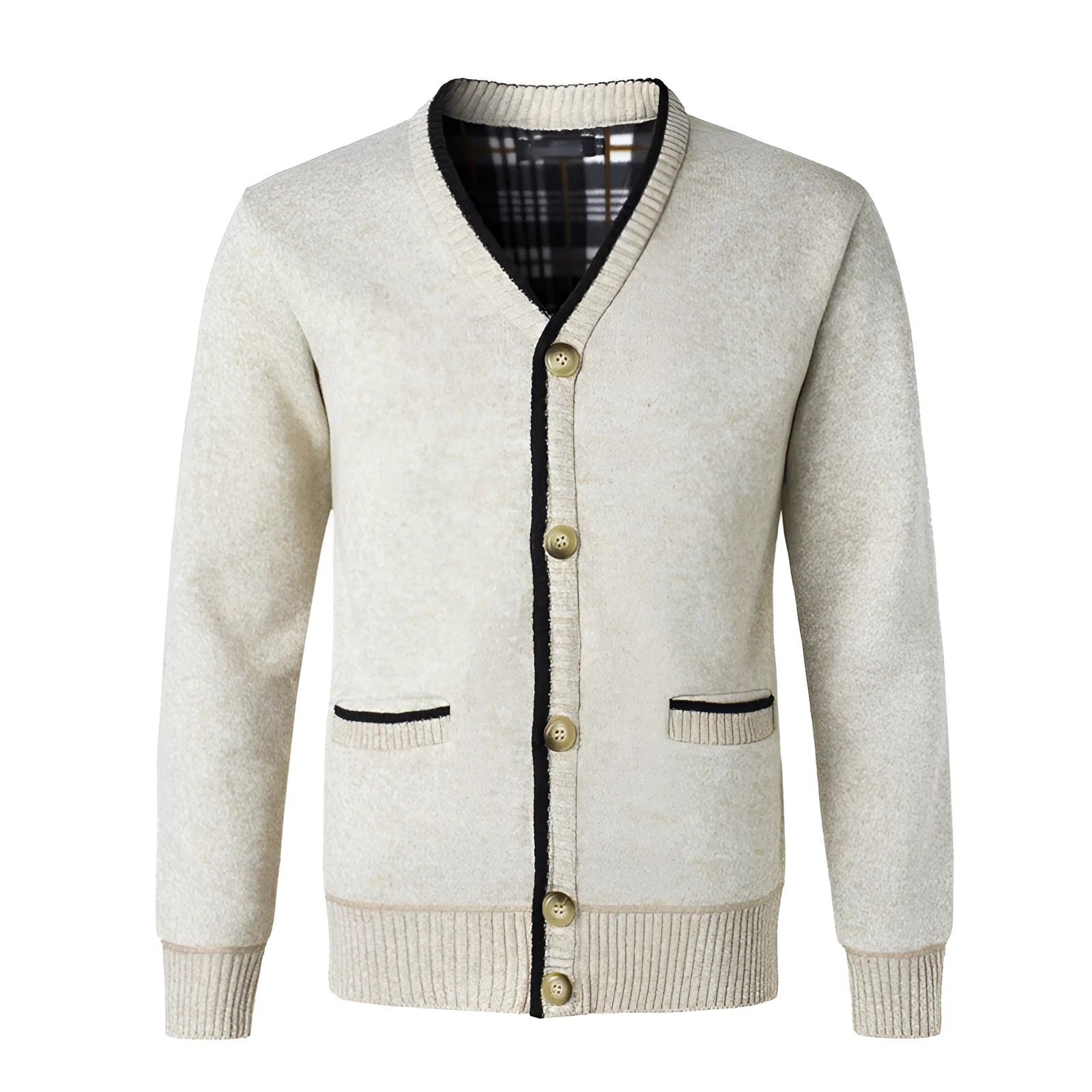 Fleece lined thickened V-neck cardigan in beige, loose fit, cotton knitwear dad coat for large size men