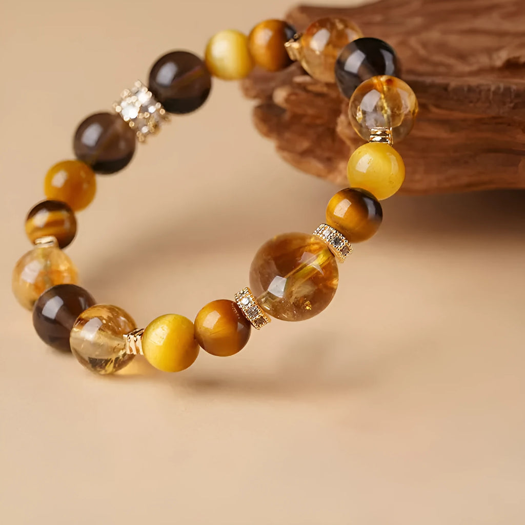 Yellow tower crystal tiger-eye bracelet with jinba geometric design in 10mm or 12mm size