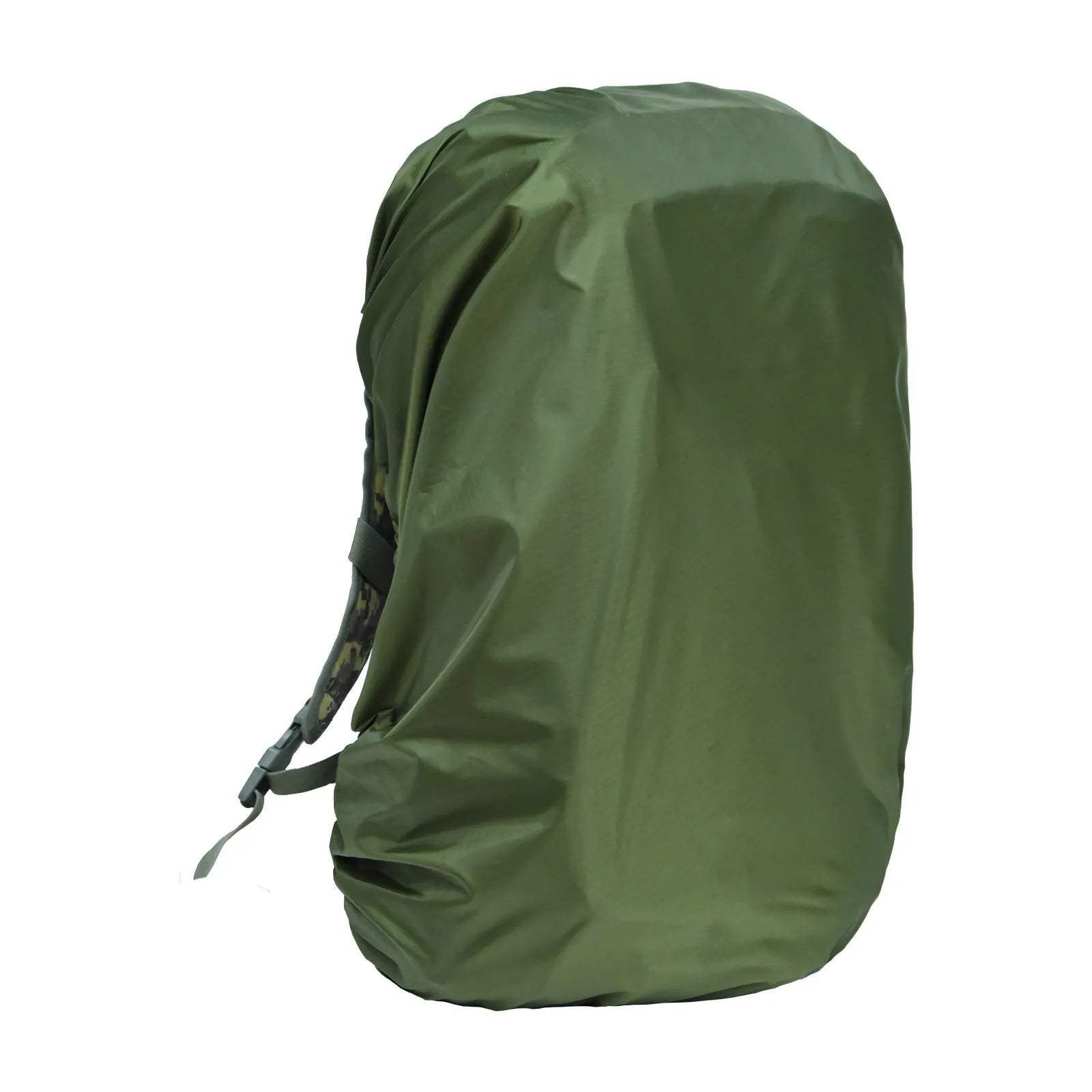 Army green backpack rain cover shown unfolded, suitable for an 80-litre pack.