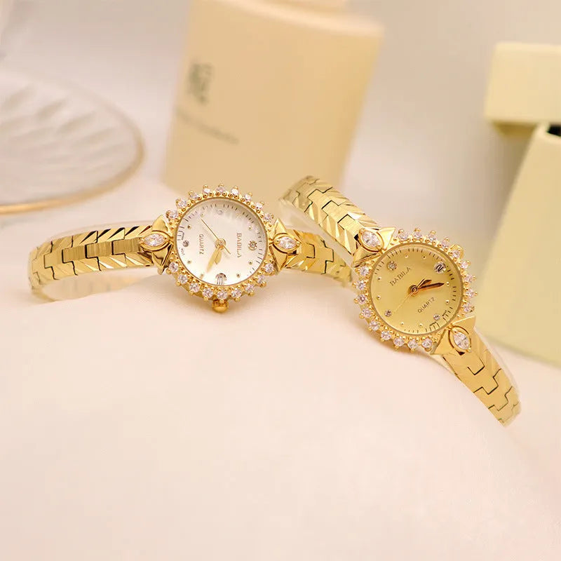 Women's vintage-style quartz watch with diamond-embossed gold bracelet