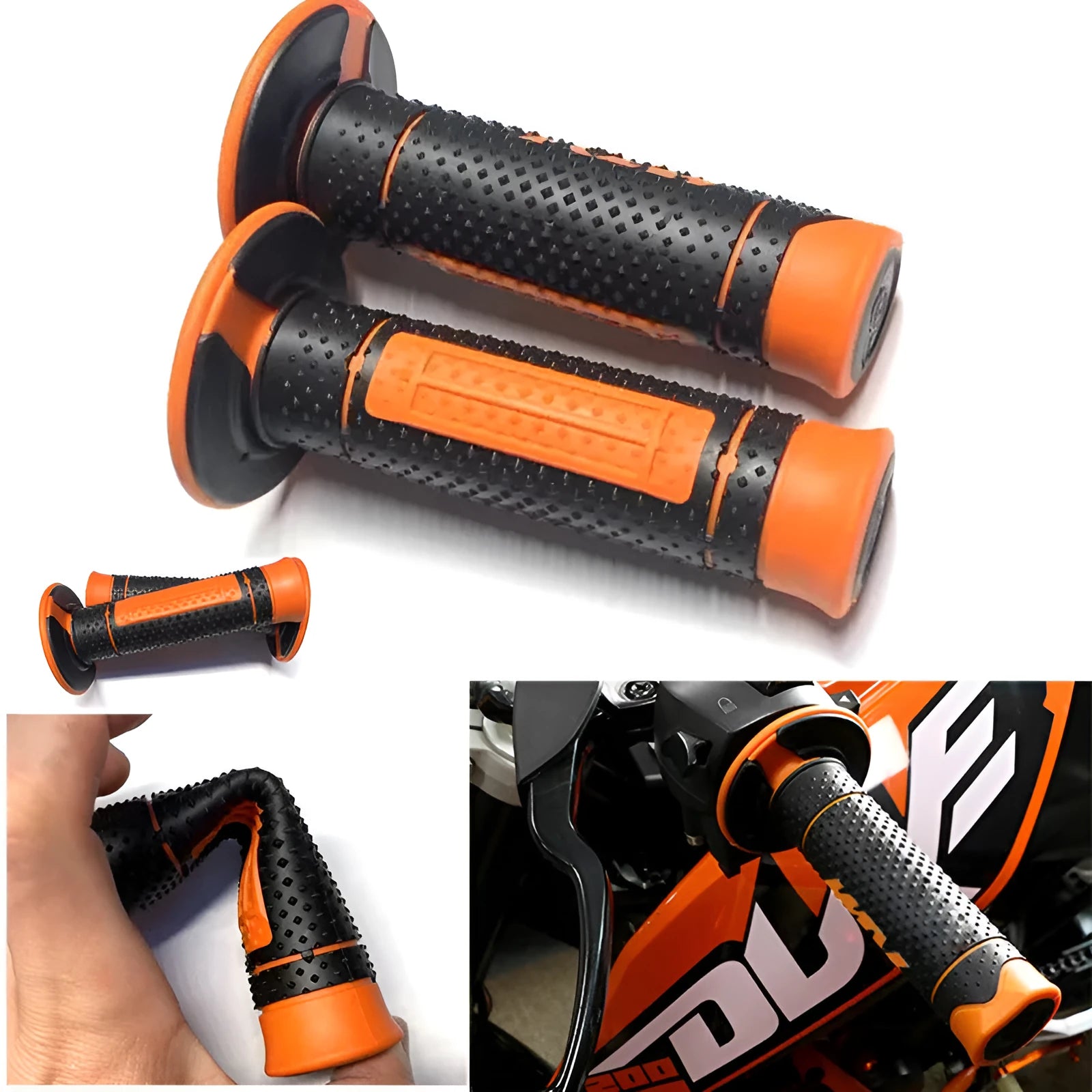 Pair of black and orange rubber motorcycle handle covers for KTM off-road bikes, shown on handlebars