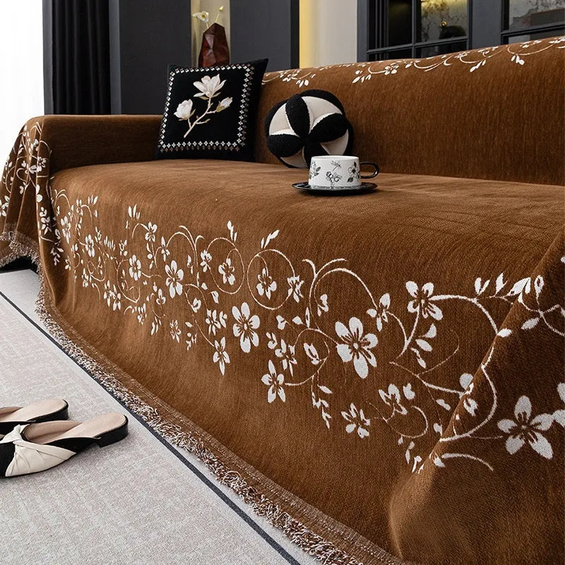 Soft chenille sofa cover with embroidered magnolia floral pattern in garland coffee colour, size 180x230cm