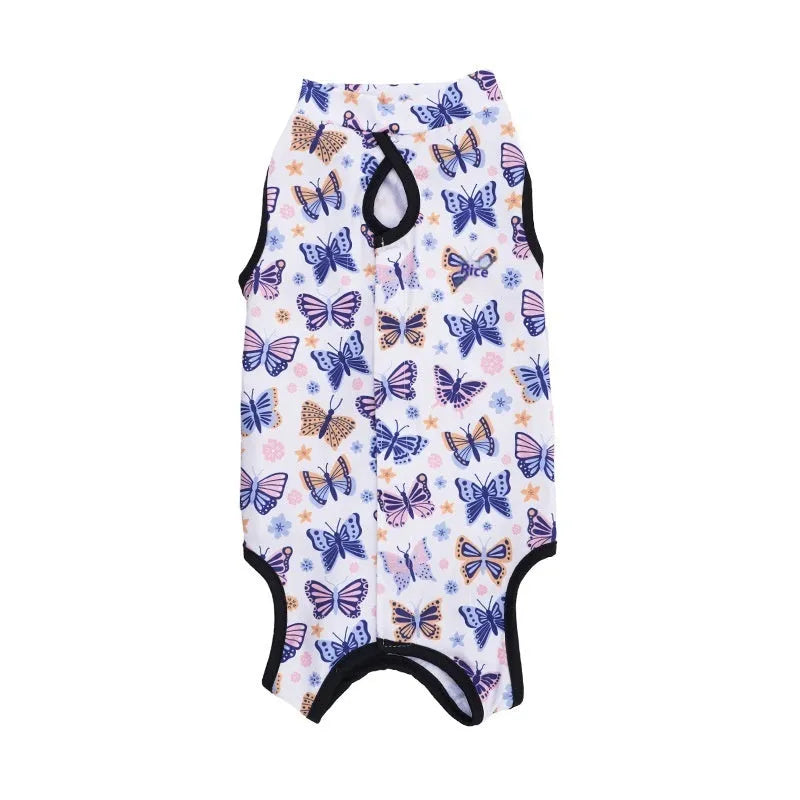 Adjustable velcro cat sterilisation recovery suit in a printed colour design, sizes S M L XL.