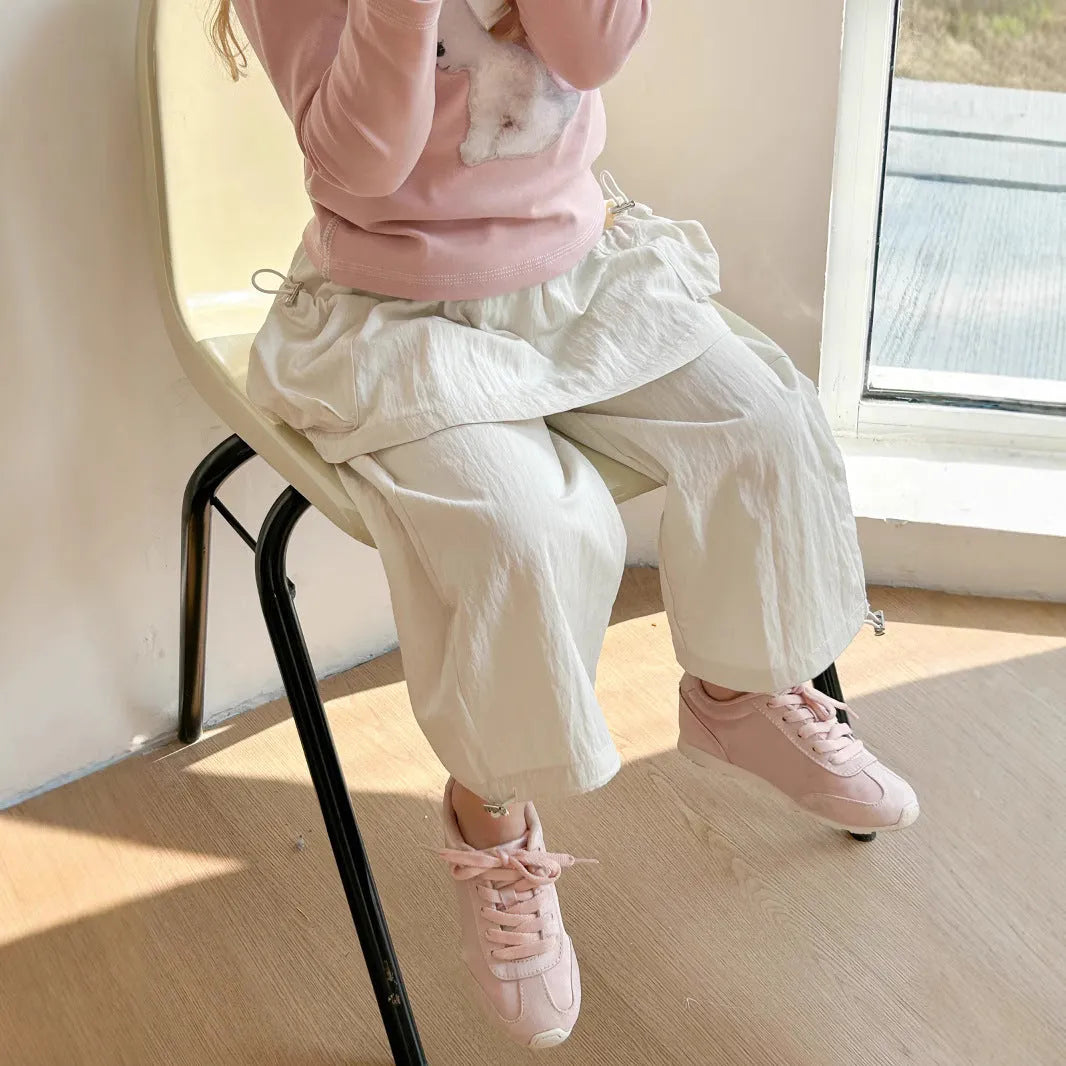 Girls' loose casual trousers with fart curtain, solid colour apricot, mid waist, chemical fibre blend, for heights 90-150cm