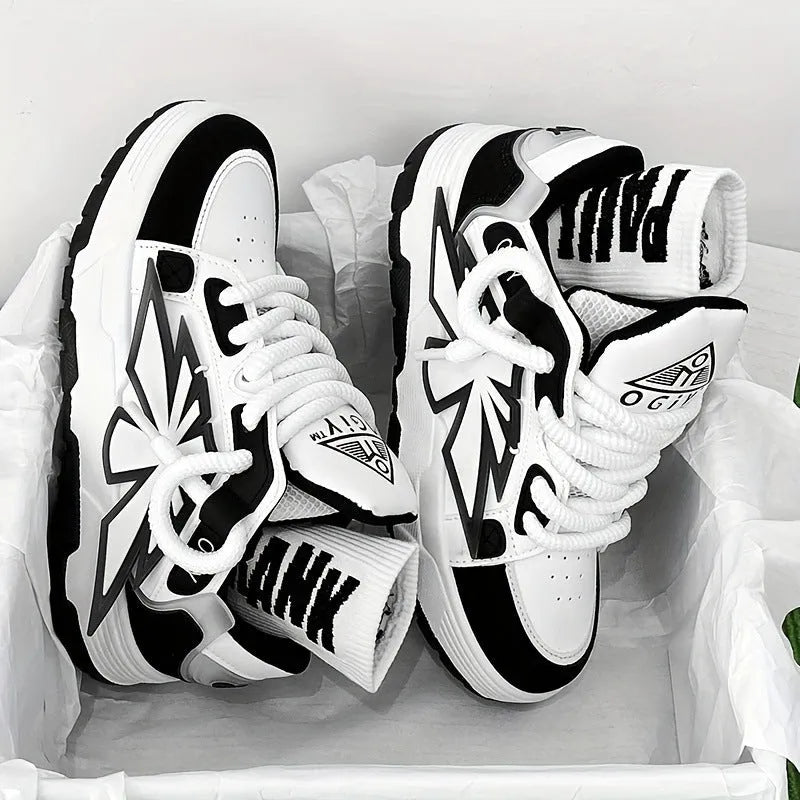 Men's white chunky Harajuku sneakers with thick rubber sole and synthetic leather upper.