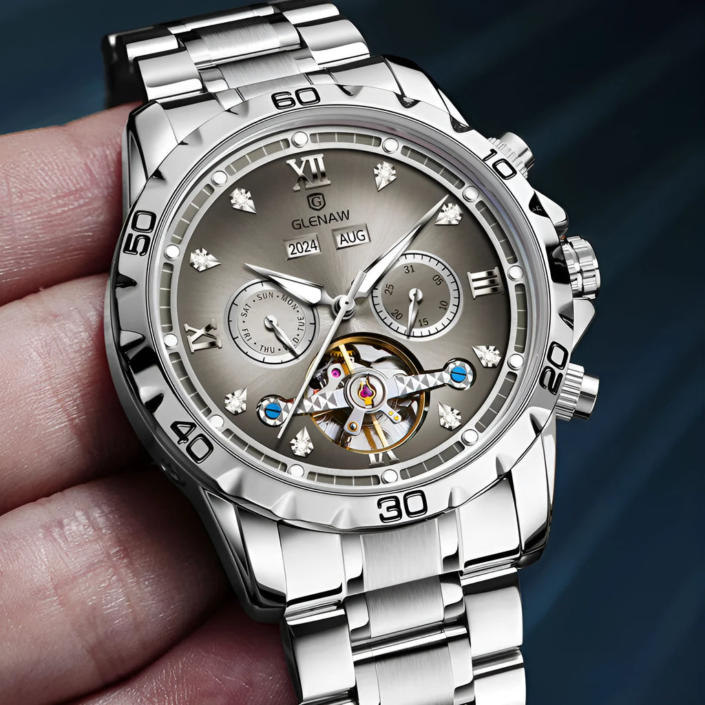 Men's automatic mechanical watch with silver case, grey dial, and stainless steel band.