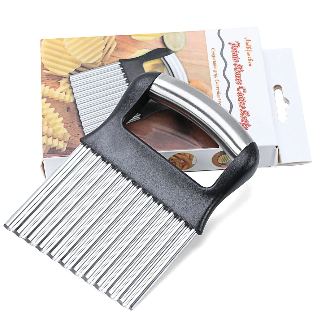 Stainless steel potato wave knife with crinkle-cut blade on a wooden cutting board.