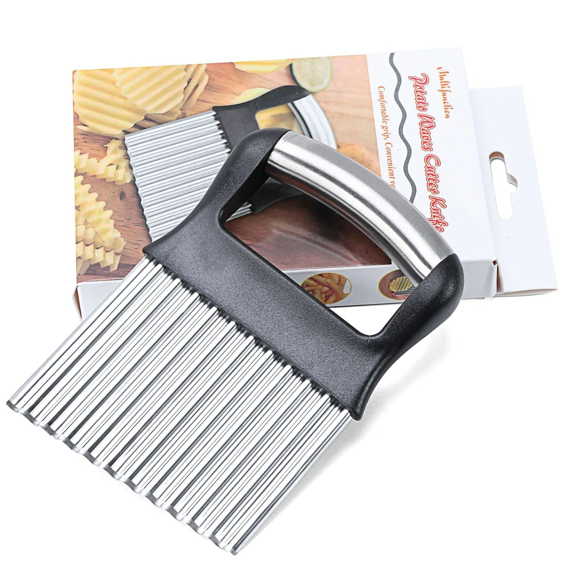 Stainless steel potato wave knife with crinkle-cut blade on a wooden cutting board.