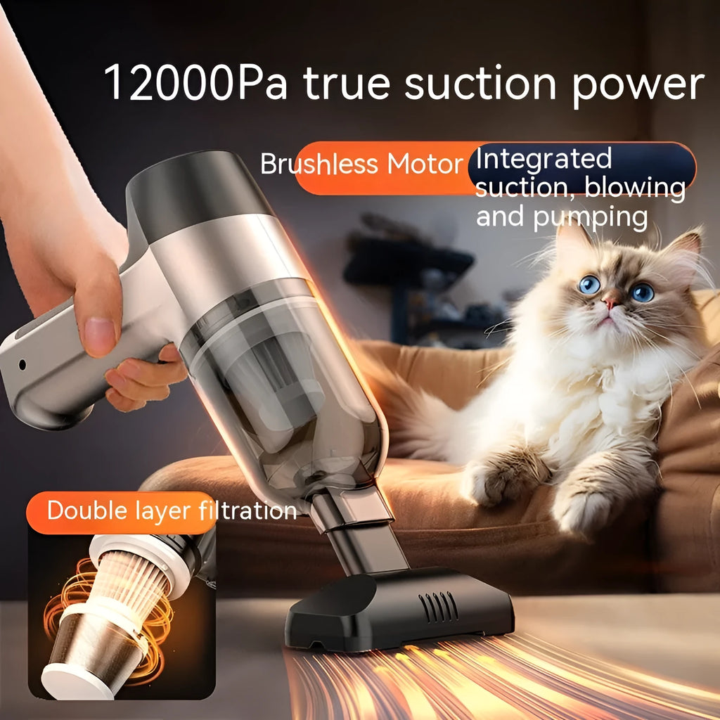 Wireless handheld car vacuum cleaner with brushes and nozzles on grey background