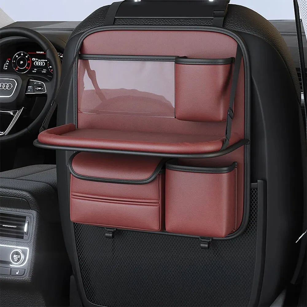 Leather car seat storage bag with fold-out table in black, grey, green, or brown