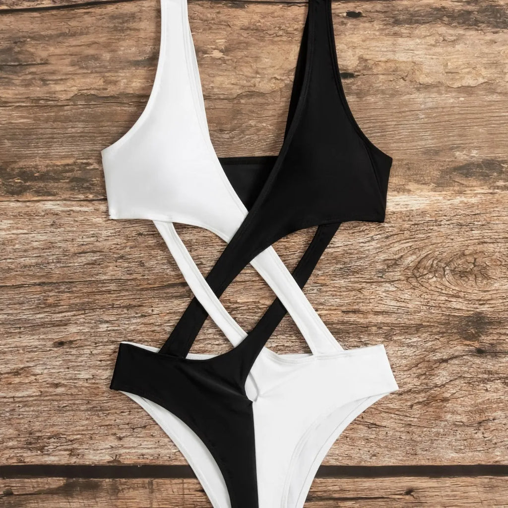 White women's one-piece swimsuit with colour block design and hollow out detail