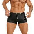 Black men's PU leather boxer shorts with a U pouch design laid flat.