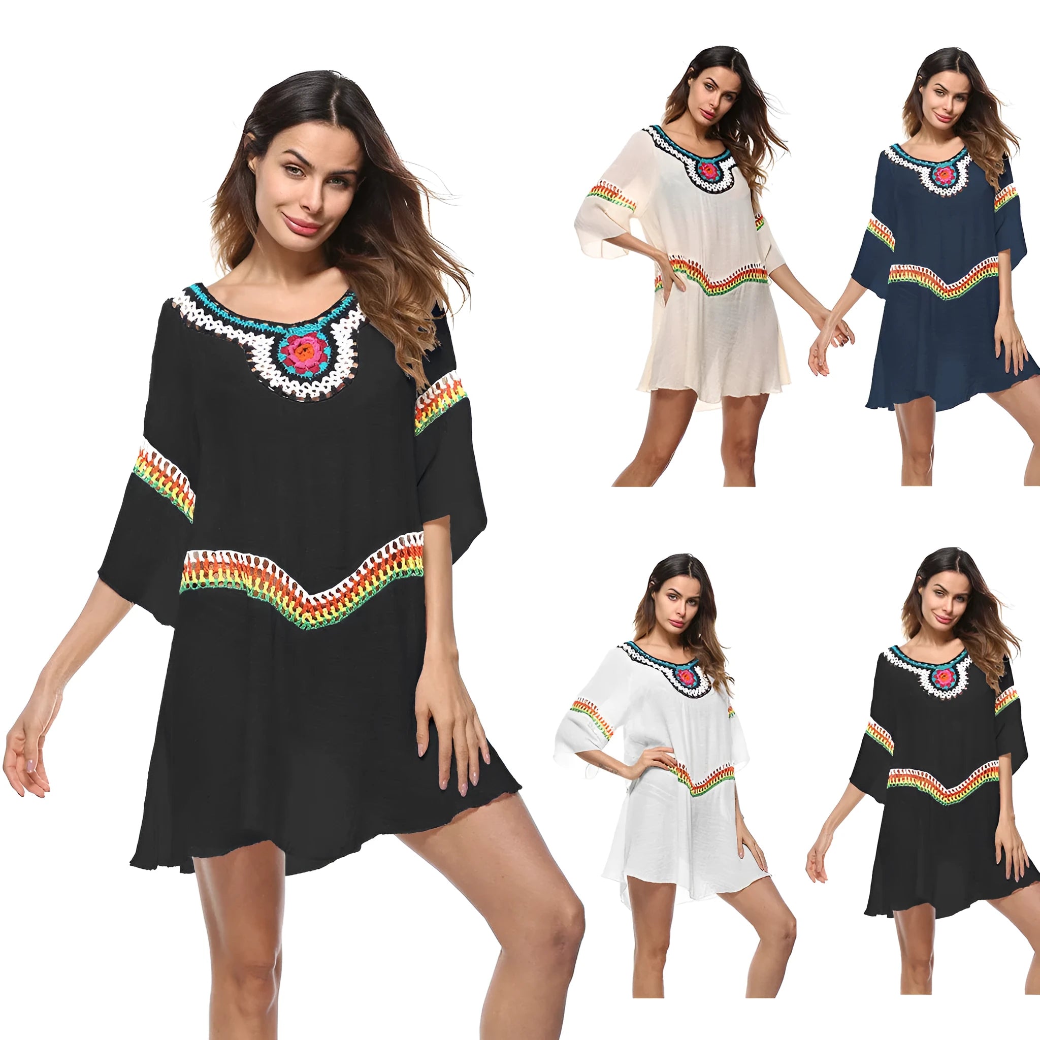 Ethnic style crochet sun protection dress for women in apricot colour, suitable as a beach cover-up.