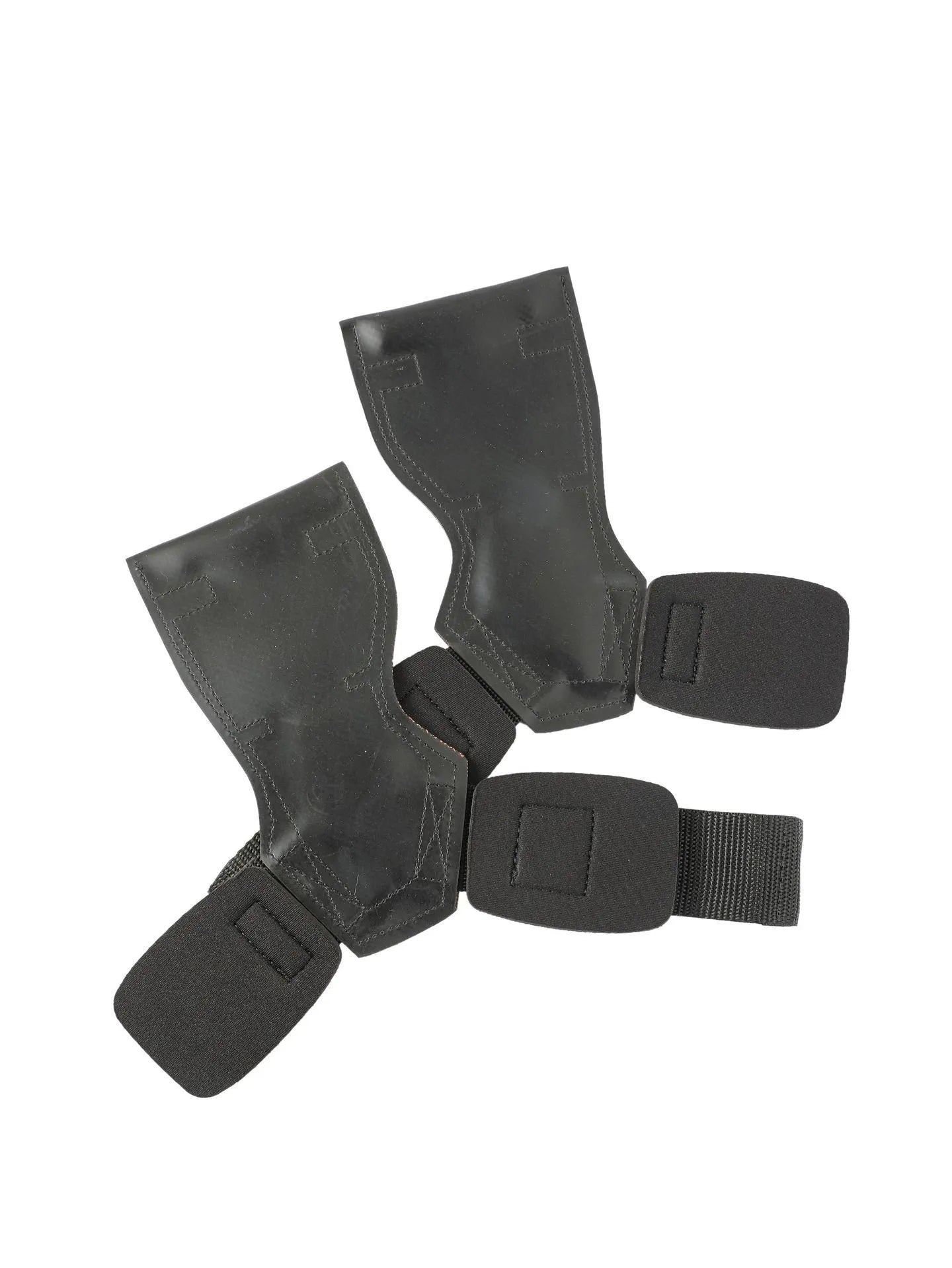 Black rubber weightlifting palm grips and assist belt set for barbell pulls.