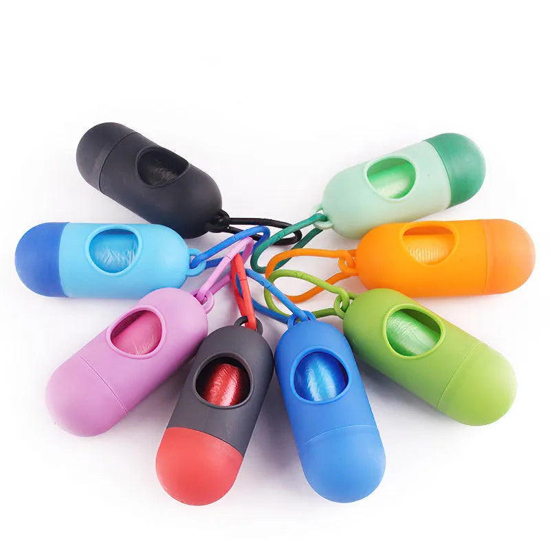 Compact dog poop bag holder with side hook and Velcro base, shown in assorted colours