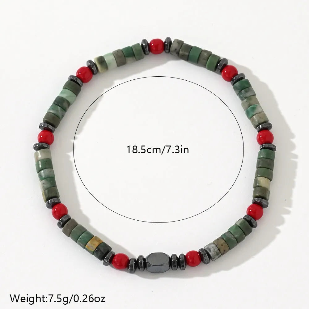 Bohemian style men's bracelet with cylindrical semi-precious stone beads on a hand-woven string.