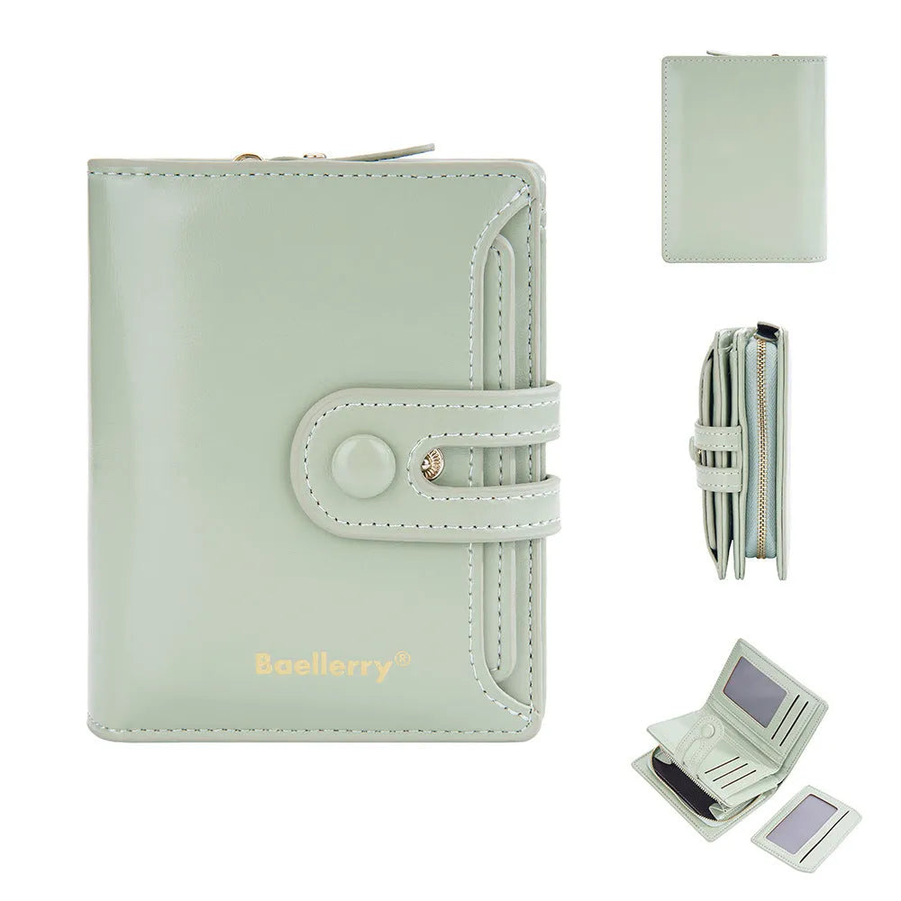 PU leather women's card holder wallet open showing polyester lining, displayed in multiple colour options.