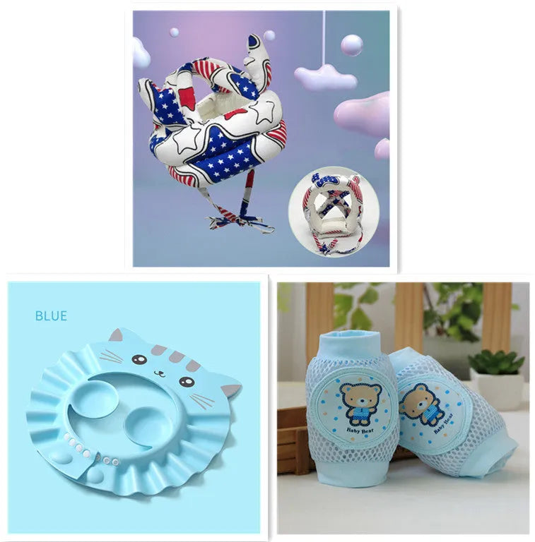 Adjustable baby shampoo cap with cartoon design and extended ear protectors in blue, green, pink, and yellow colours.