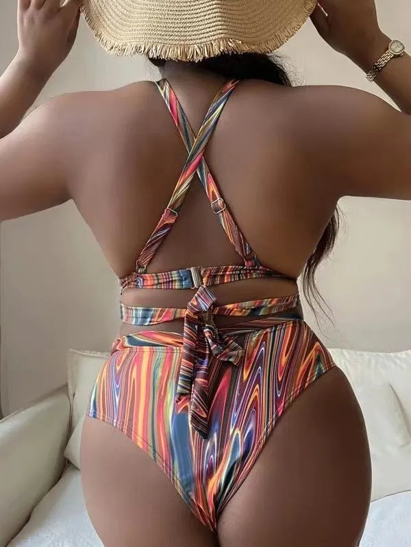 Women's high waist floral print bikini swimsuit in plus sizes for swimming