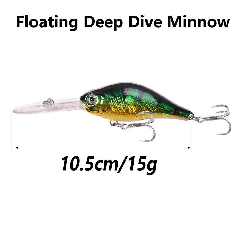 Mino Lure deep diving fishing bait showing 10.5cm length and little fat man profile in multiple colour options