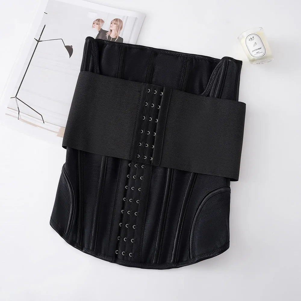 Nylon belly band for waist training in black or apricot, showing adjustable tie.