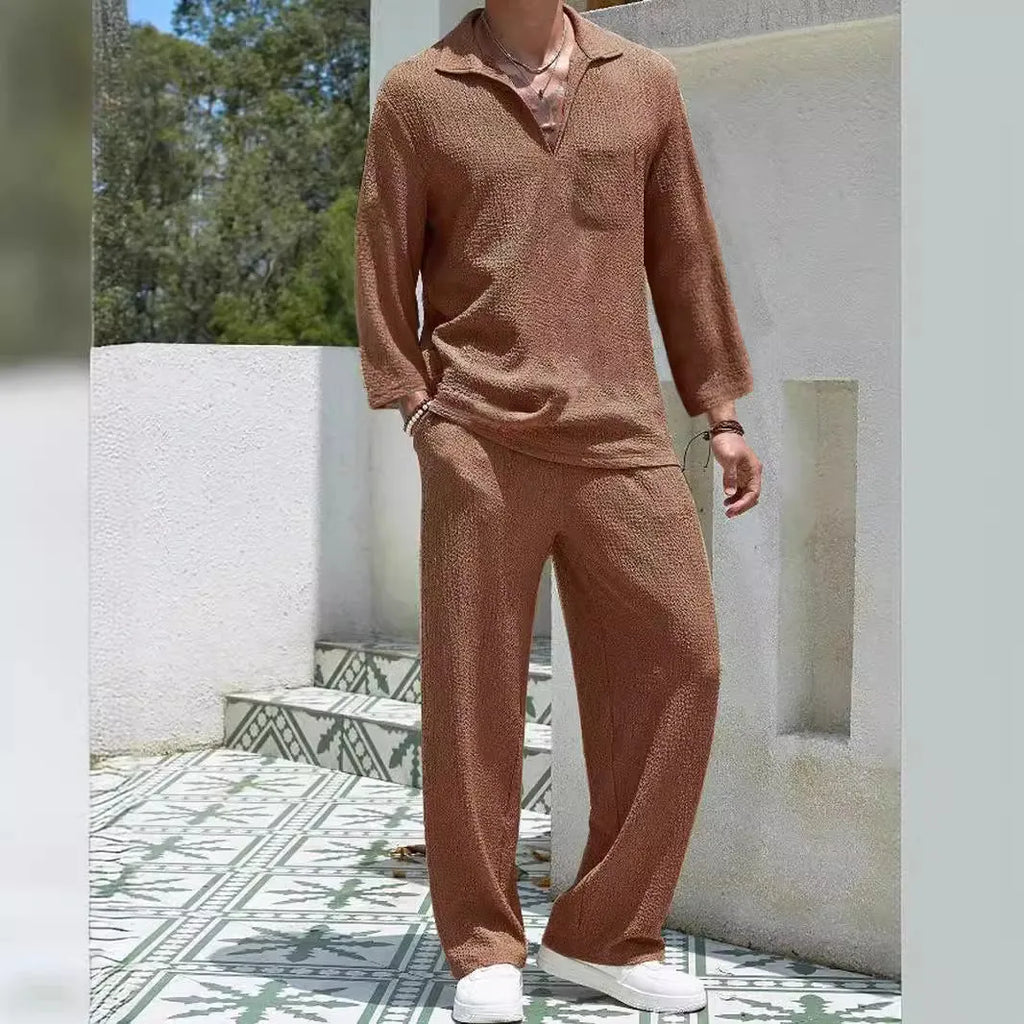 Men's casual shirt and trousers commuter suit set in lake blue, displayed on a hanger.