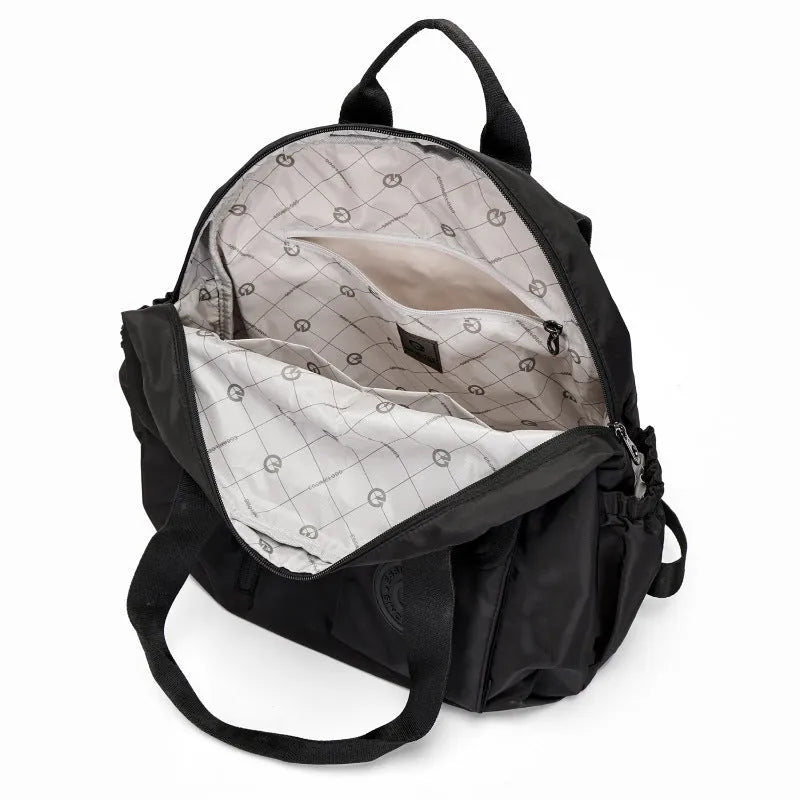 Large lightweight nylon backpack in black, shown with a sandwich pocket and main compartment.