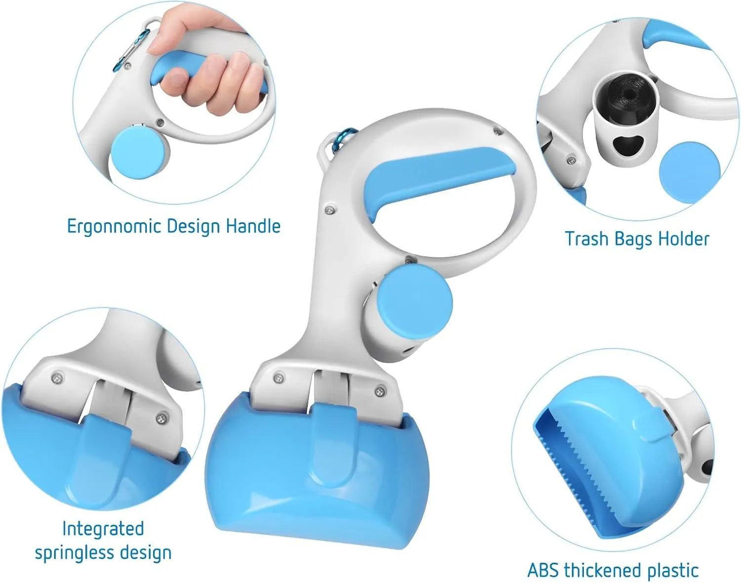 Heavy-duty ABS plastic pet pooper scooper with built-in trash bag holder in blue