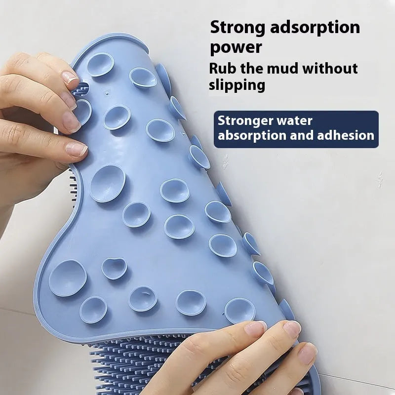 Blue silicone bath massage mat measuring 31x32cm with textured surface and suction cups for back rubbing