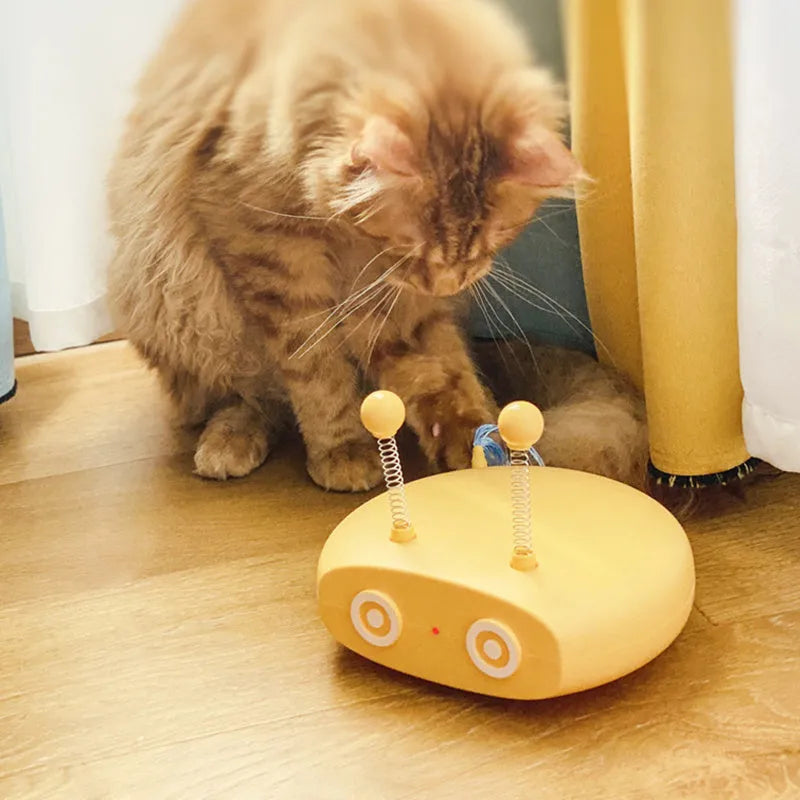 USB rechargeable electric laser cat toy with detachable feather wand in blue, grey, or yellow.
