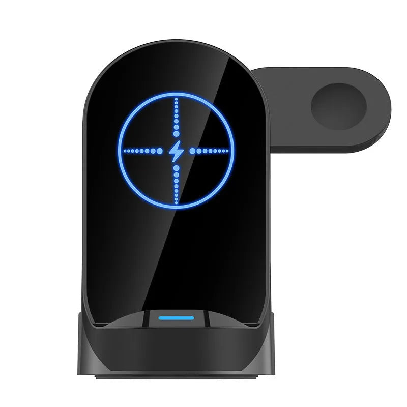 Black grey foldable 3-in-1 wireless charger stand with phone, smartwatch, and earbuds case charging vertically