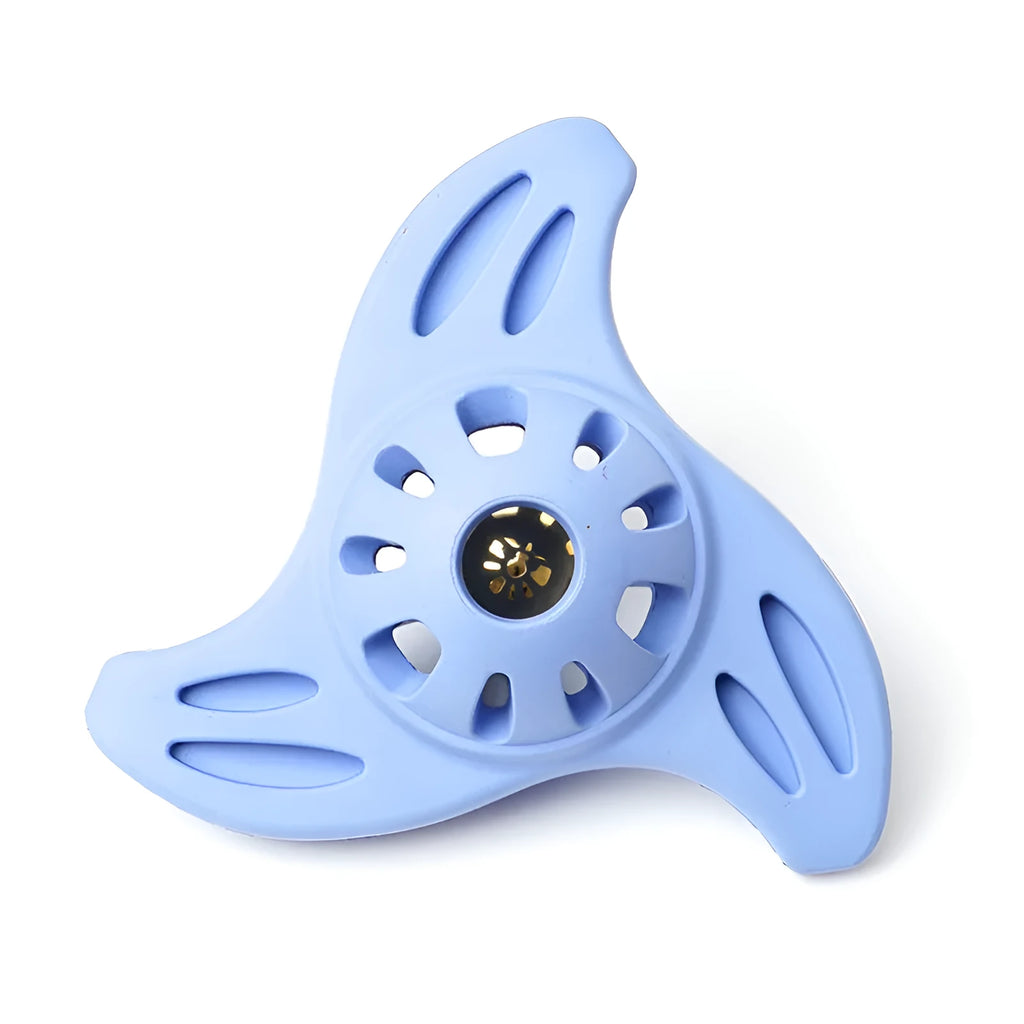 Blue or purple bite-resistant boomerang dog toy for medium and large breed chewing and fetch play.
