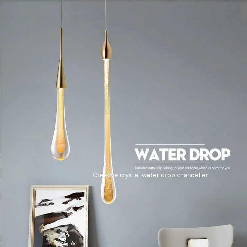 Drop-shaped glass chandelier ceiling lamp with crystal design, 600mm overall size, LED warm light option