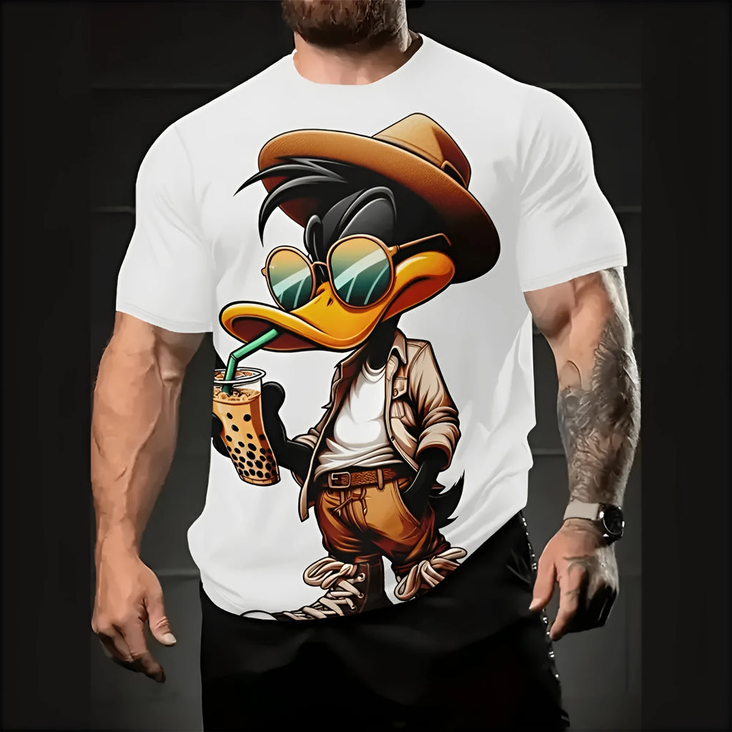 Men's casual short sleeve shirt with 3D cartoon print in milk silk fabric, loose fit for summer