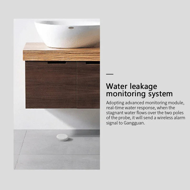 Compact white Zigbee wireless water flood sensor on a table
