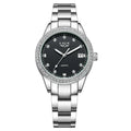 Silver fashion quartz watch with diamond dial accents and luminous hands on a 34mm stainless steel case.