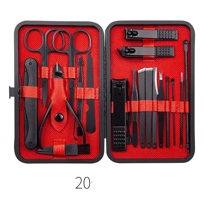 Professional stainless steel nail trimming tool set in black leather case with multiple grooming tools